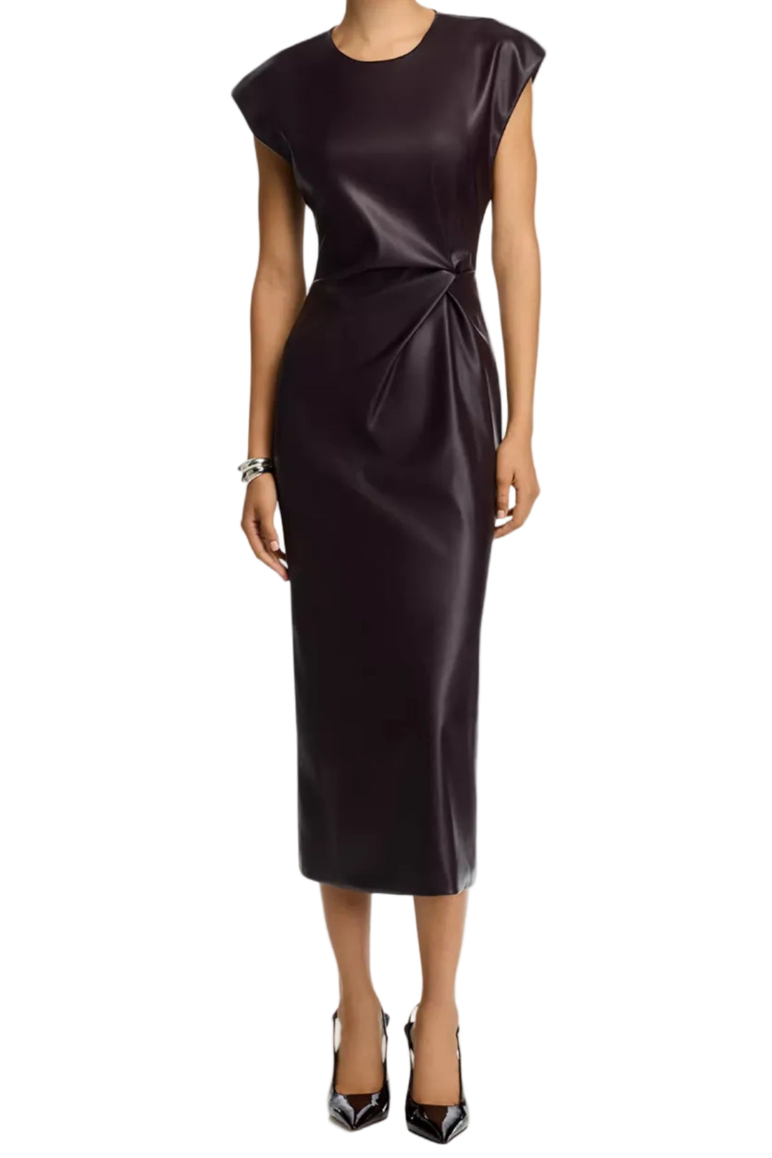 steve madden chiara sleeveless midi faux lether dress in dark fossil brown