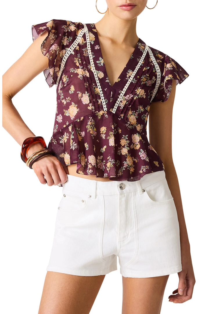Steve Madden Leyla short flutter sleeve port wine top with floral print and lace trim with white shorts 