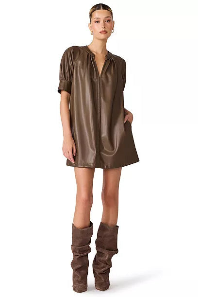 steve madden sharleene faux leather short puff sleeve mini dress cocoa with brown suede boots