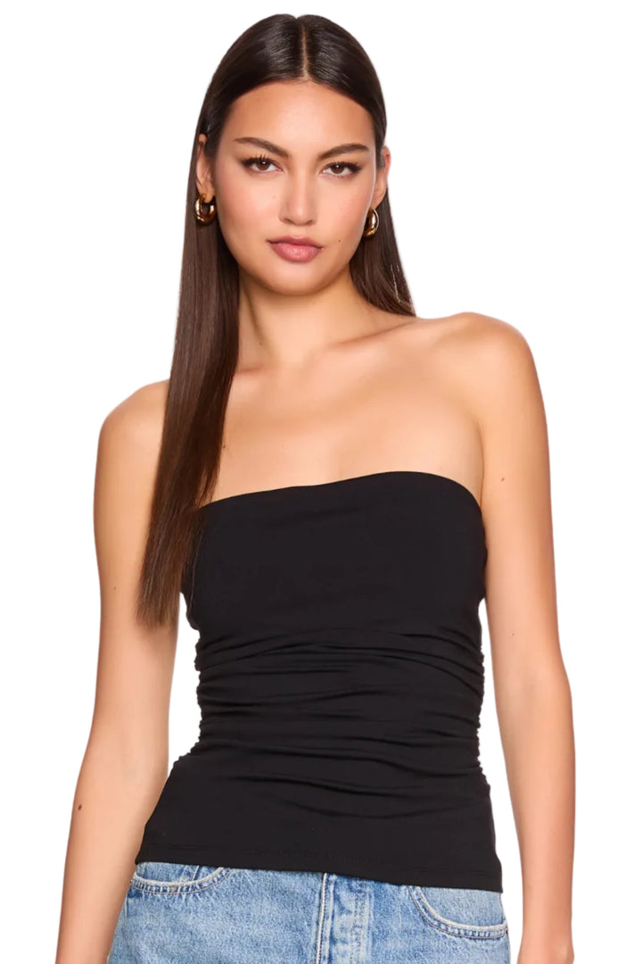 Susana Monaco Waist full length strapless ruched gathered tube top black with medium light wash denim shorts