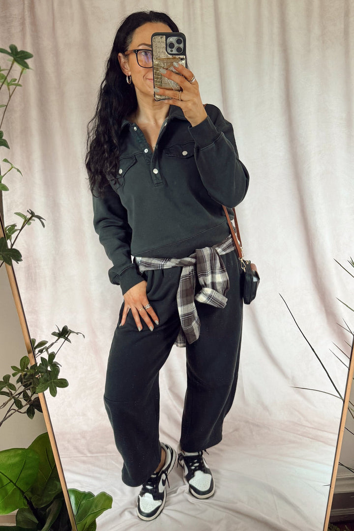 velvet heart matching sweat set Hancock pullover sweatshirt with Joshua sweatpants with a flannel tied around the waist and black and white Nike dunks