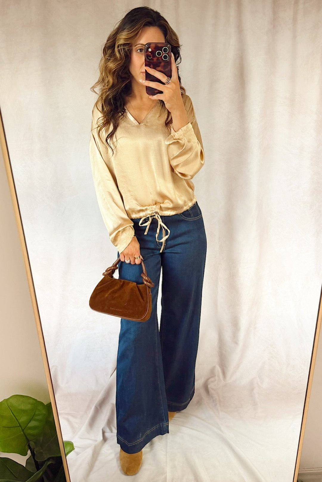 bevy flog Jodi wide leg dark denim jeans with velvet heart sadona blouse top gold shimmer and a faux suede brown mini bag