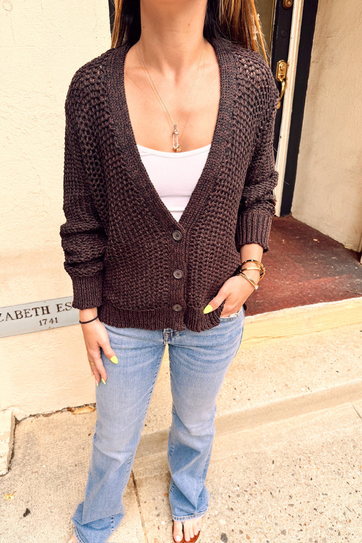 wooden ships aliana marled cardi with jeans and white undershirt