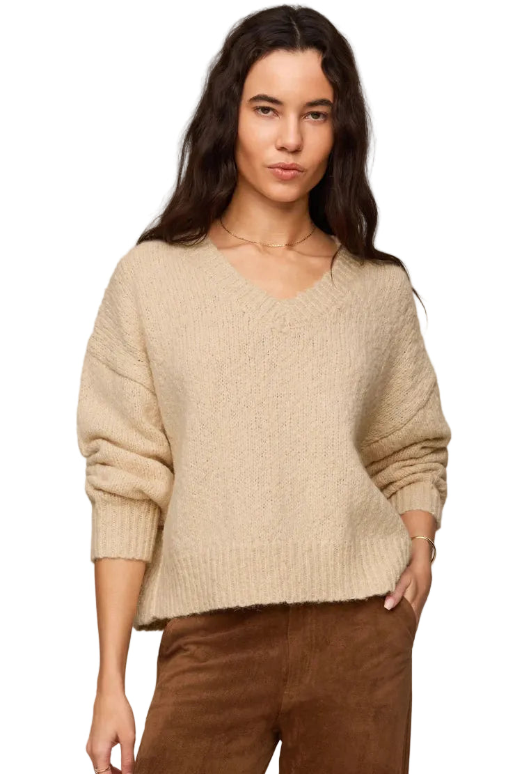z Supply Bolton Boucle v-neck long sleeve sweater in chalk cream with brown faux suede pants