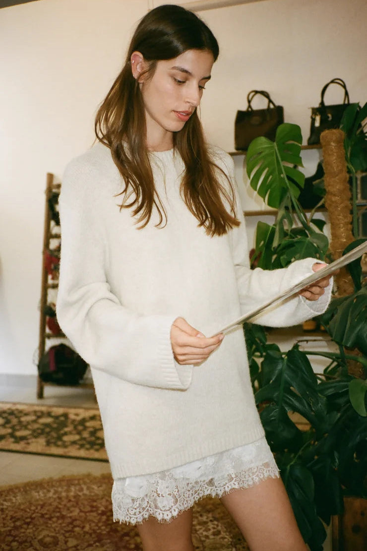 z Supply chill model long sleeve crew neck sweater frosted pearl cream over a mini slip dress