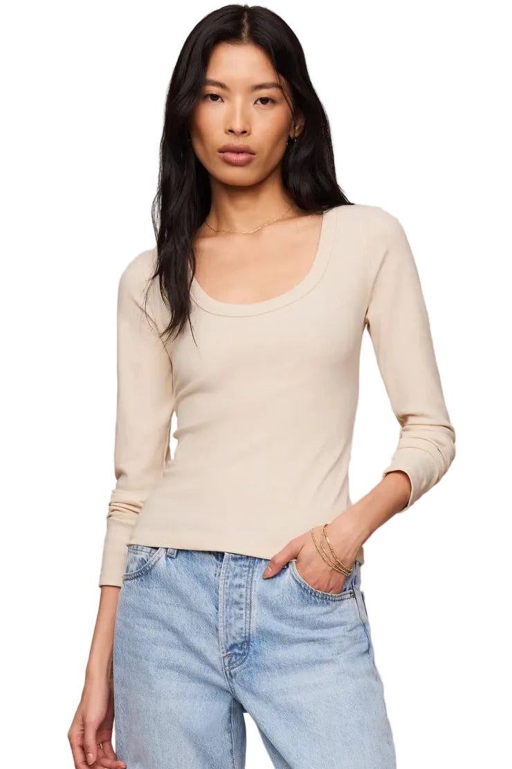 z supply Greyson Scoop neck long sleeve ribbed tea in chalk cream with light wash denim