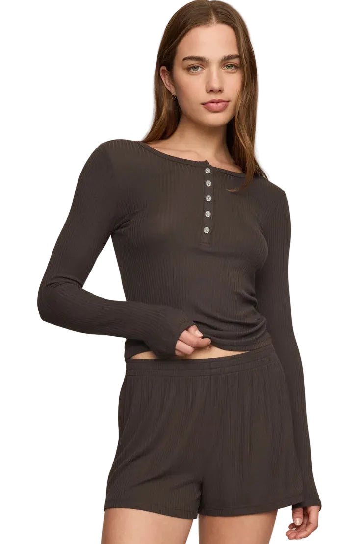 z supply just right ribbed henley long sleeve top cocoa bean dark brown
