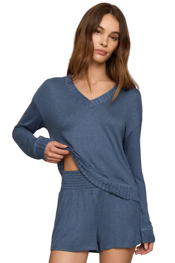 z supply Courtney Long sleeve v-neck lounge top in true Navy 