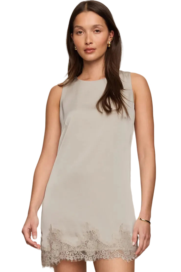 z supply meadow muse satin sleeveless mini dress frosted Pearl beige cream off-white with a lace trim