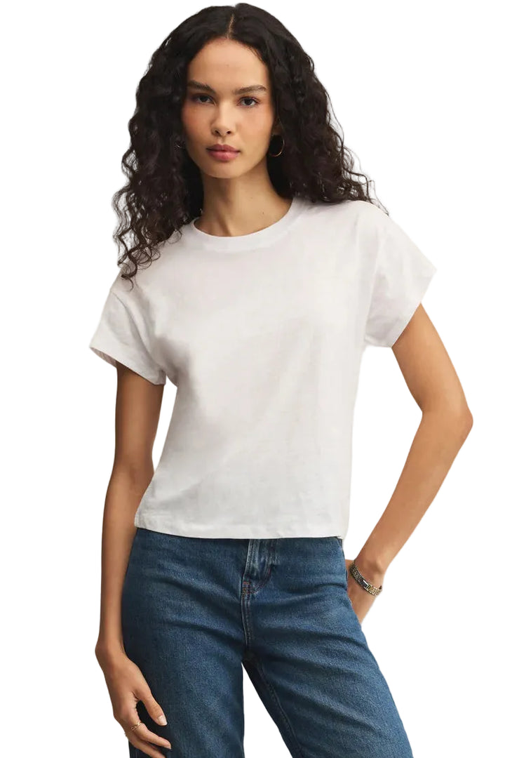 z supply modern slub tee white with medium dark wash jeans