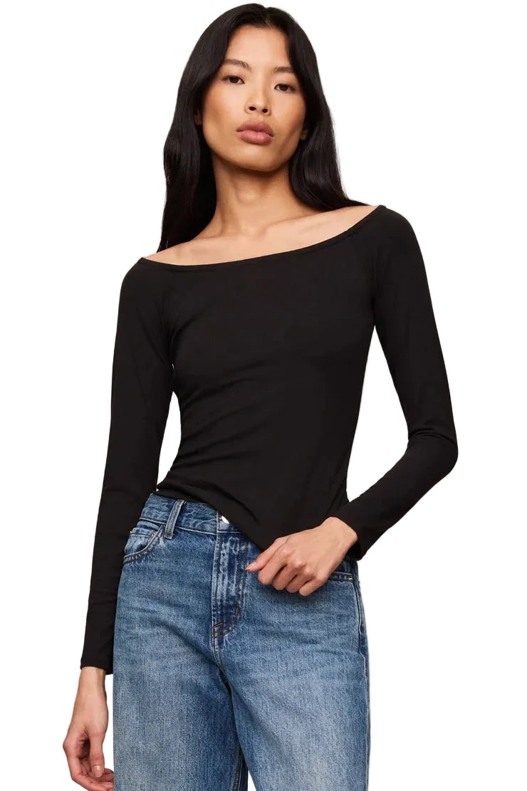 z Supply Sabrina Second Skin long sleeve stretchy basic off the shoulder wide neckline with medium wash denim jeans