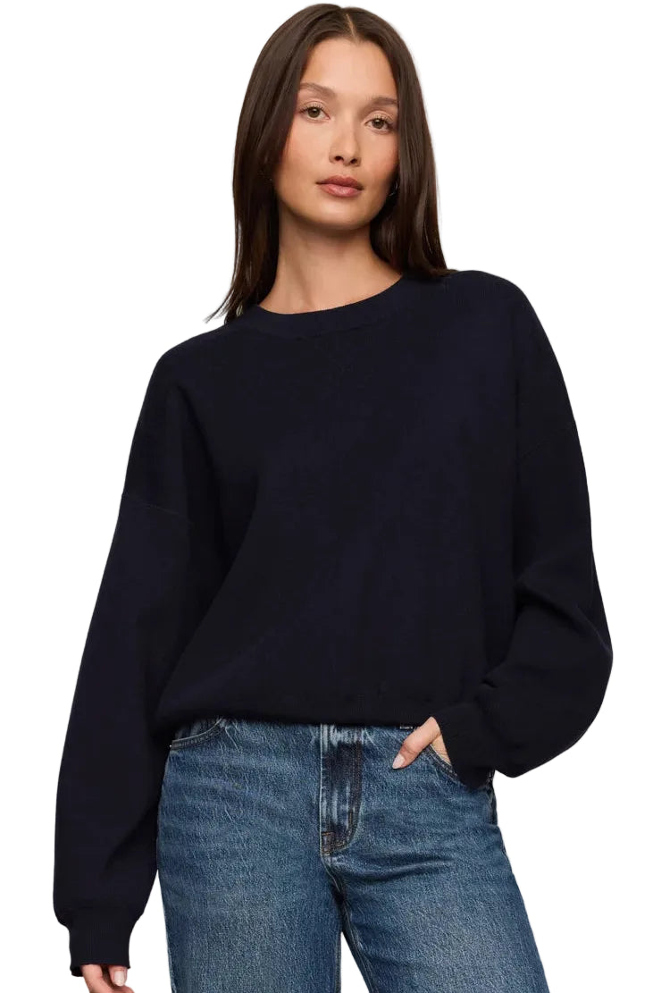 z Supply take it easy long sleeve crew neck relaxed fit sweater in nightfall Navy blue with medium dark wash denim